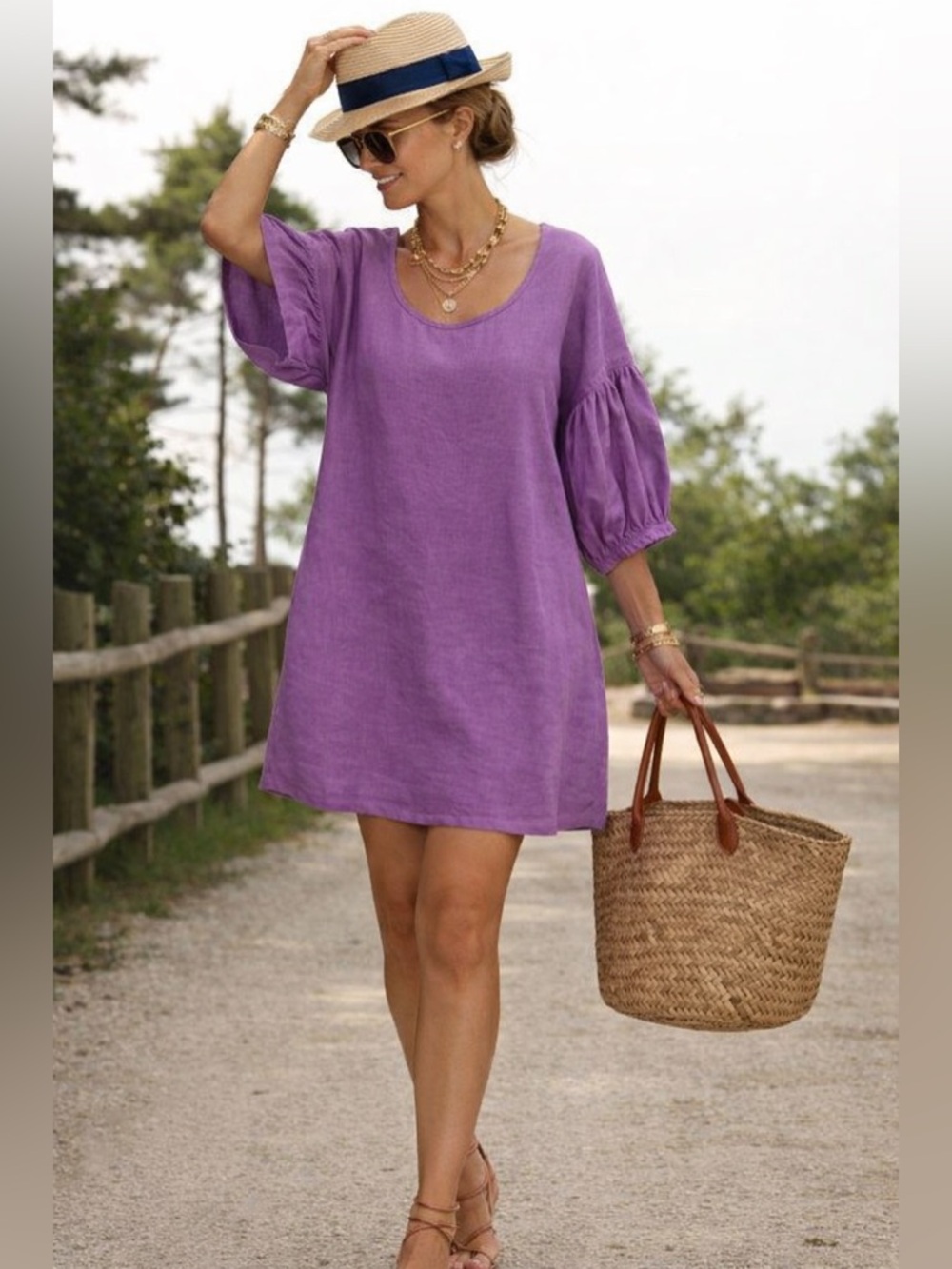 bryn Walker Lavender Puff-Sleeve Mini Linen Dress